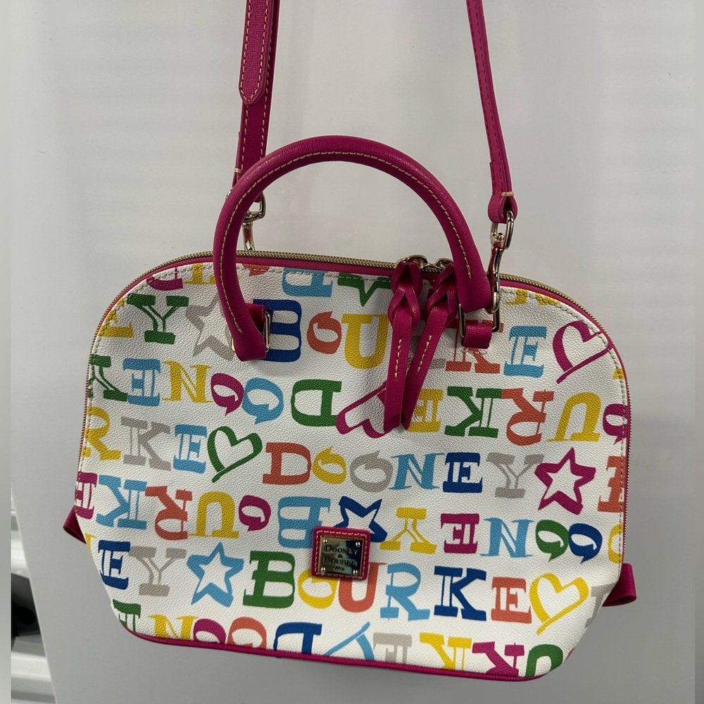 Dooney & Bourke White Multicolor Logo Crossbody with Pink Trim